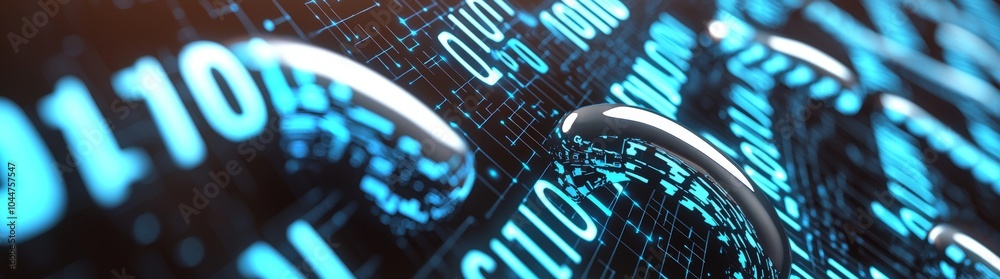 Poster in the background, binary bit 01 is streaming down as a hacker background