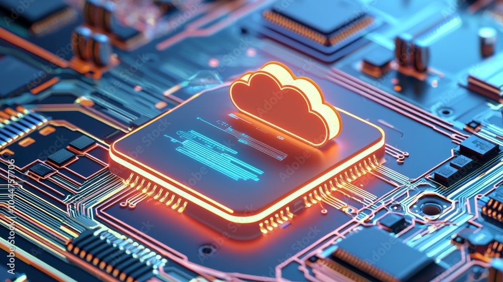 Poster data transfer concept illustrating cloud and edge computing technology. a large cloud icon is center