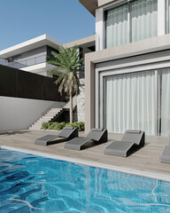 Architecture 3d rendering illustration of minimal house with swimming pool modern contemporary style wooden terrace in green hill with house interior background 3d render, there are glass wall
