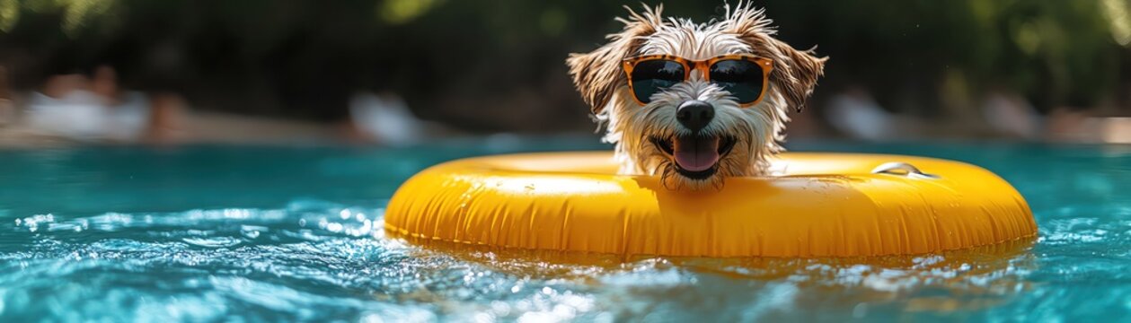 Happy dog in sunglasses with a yellow pool float, playful vibe