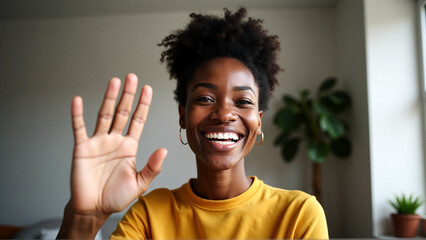 Happy black woman waving during video call at home
