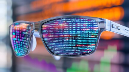 The woman in glasses reads html scripts, programs, and conducts cyber security research, along with holograms of data. The coding or IT person in glasses is also reading html scripts.