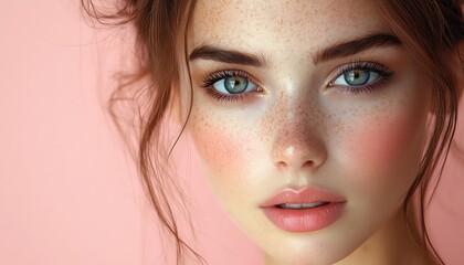 Fototapeta premium Minimalist beauty portrait of a woman, soft pink background, delicate and elegant