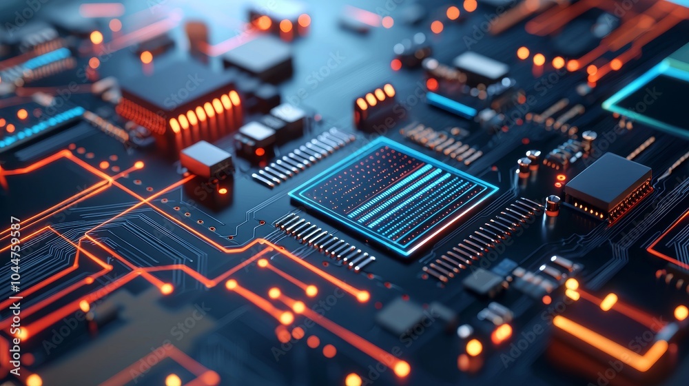 Poster an abstract circuit board design background that illustrates digital processing and data transmissio