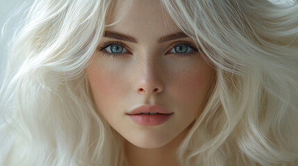 Fototapeta premium Portrait of a woman with flowing platinum blonde hair, natural light accentuating delicate features