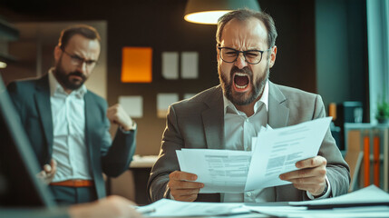 Obraz premium An angry boss yells at his employee while surrounded by piles of documents in a modern office during a tense workday