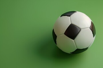 A close-up of a black and white soccer ball resting on a green background