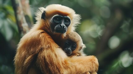 Obraz premium Close up of a yellow-cheeked siamang monkey with its baby in the forest.