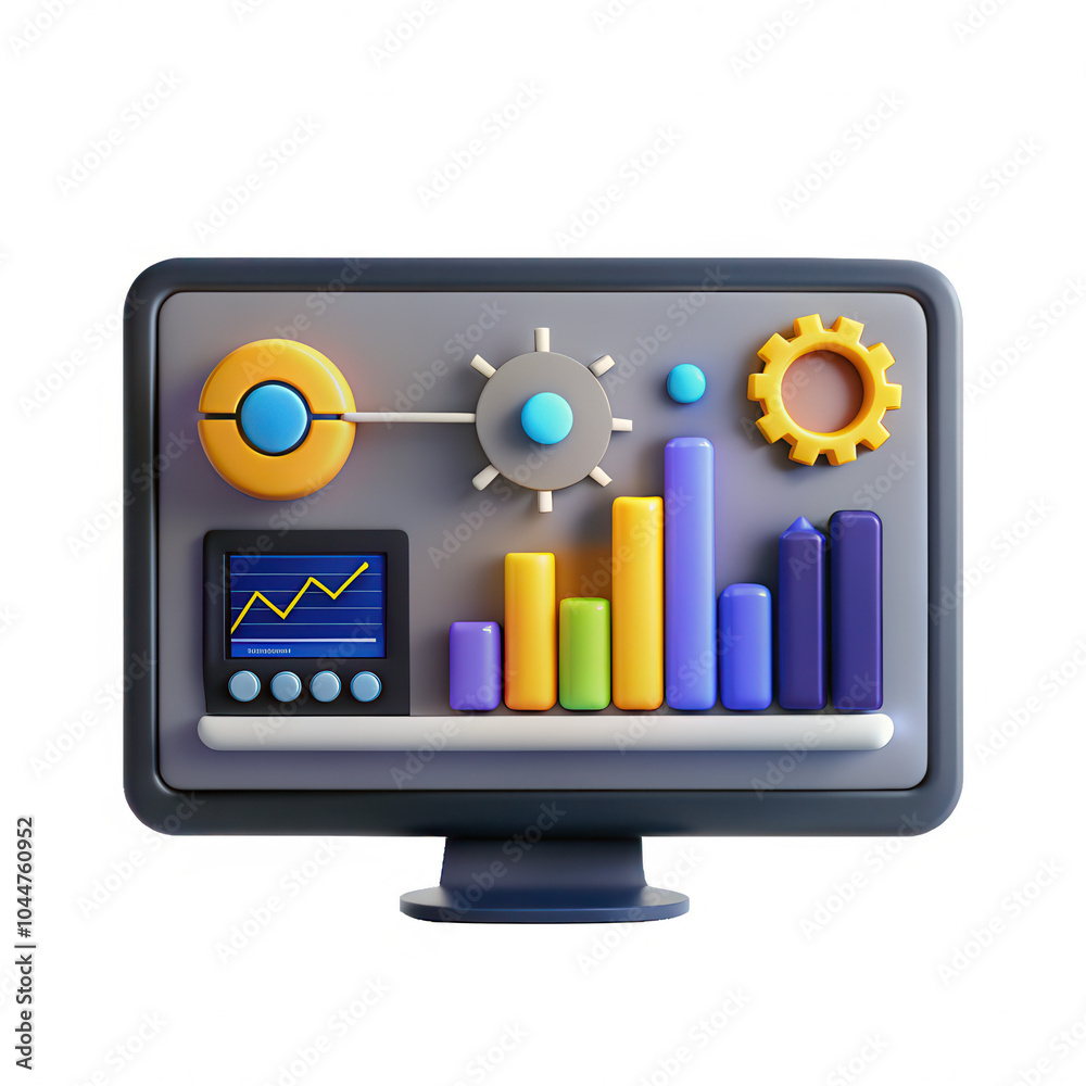 Poster a colorful 3d dashboard display featuring graphical elements like bars and gears, showcasing a styli