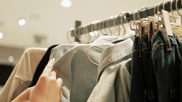 Teenage girl choosing clothes near a rack with hangers in a store