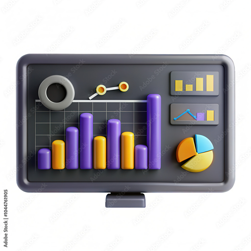 Poster a colorful isolated chart display featuring bar and pie graphs, rendered in 3d, showcasing various d