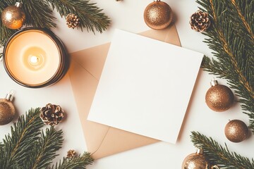 Square card with festive decoration and candle, space for text