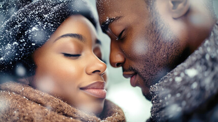 Obraz premium A loving black couple sharing a tender moment in the winter snow, eyes closed, showcasing intimacy and warmth in a highly detailed close-up shot