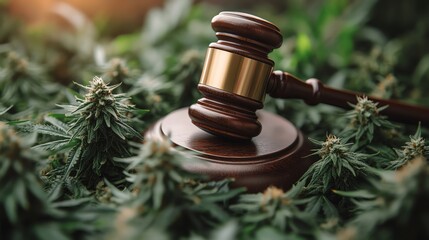 Wooden gavel amidst marijuana buds, moody lighting, legal implications, closeup shot