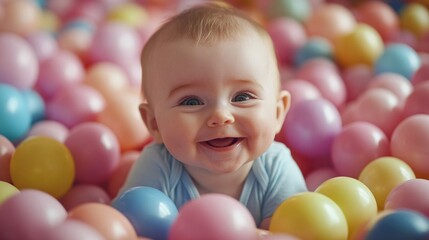 A baby is smiling and laying in a pile of colorful balls