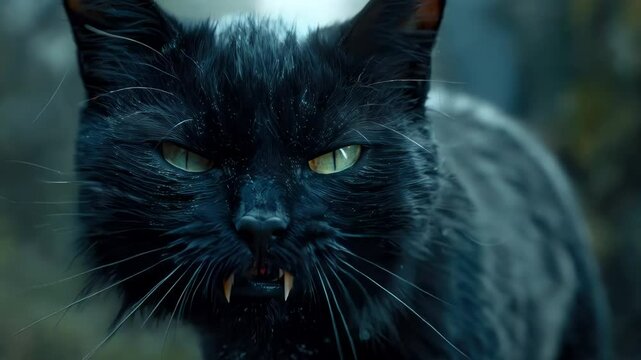 Black cat is showing its teeth with piercing green eyes. The cat is surrounded by smoke and sparks, creating a spooky atmosphere