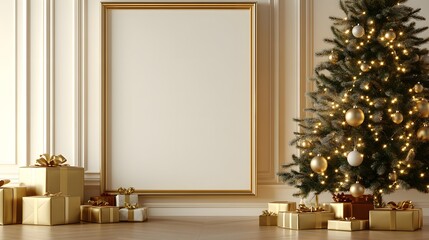 Christmas Mockup: Elegant Gold Frame & Decorated Tree 