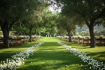 Naklejka premium A Dreamy Outdoor Wedding Setup Amidst Lush Greenery and Beautiful Blooms for a Magical Celebration of Love and Togetherness