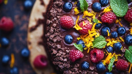 Chocolate cake topped with raspberries blueberries orange zest and mint leaves