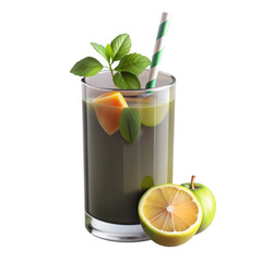 This image features a refreshing drink made with green ingredients, lime, and mint leaves, presented in a glass with a straw and fruits on the side.