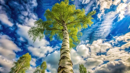 Fototapeta premium Silhouette of tall birch tree reaching into the sky in forest setting with clouds