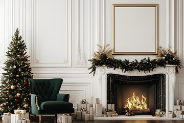 Cozy Christmas Fireplace Mockup: A classic fireplace mantle adorned with a festive garland, a twinkling Christmas tree, and a plush velvet armchair.