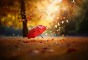 A single red umbrella lies in a field of fallen leaves, bathed in the warm glow of the setting sun.