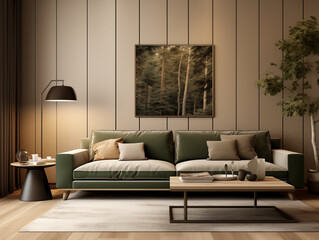 Living room interior in modern minimalist style with wooden panneling. Neutral and light colors interior with wood wall panels, bronze metallic accent decor and large artwork. Wood panneling walls. 