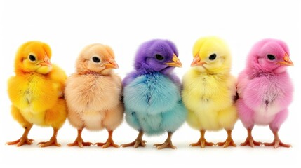 Colorful chicks isolated on white background.