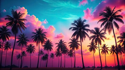 Tropical scene with silhouetted coconut trees against neon pink and blue retro sky