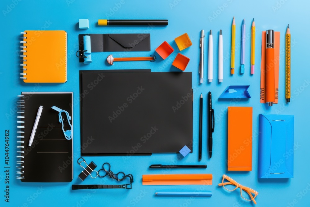 Wall mural organized desk with stationery items on a blue background in a creative workspace