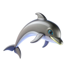 Obraz premium A cute and friendly cartoon-style dolphin swimming upwards with a cheerful expression, showcasing sleek gray and white colors with bright blue eyes.