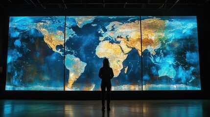 A person stands before a large screen showing a world map