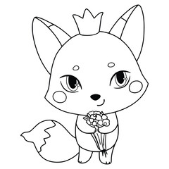 Fox Princess. Little Fox in a crown with a bouquet of flowers. Forest animals clipart, coloring book. Cute animal alphabet. Letter F. Children's linear vector illustration isolated on white background