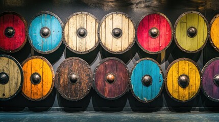 Fototapeta premium Rows of vibrant wooden Viking shields against a wide banner backdrop