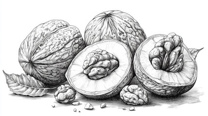 Detailed Engraved Sketch of Walnut Nut in Vector Illustration Style