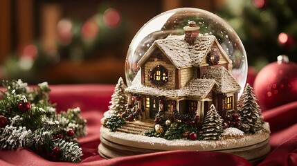 Festive Snow Globe Showcasing a Cozy Cottage Surrounded by Holiday Decorations on a Red Backdrop