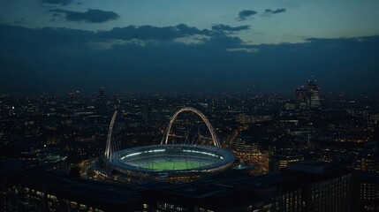A breathtaking evening view of Wembley Stadium, glowing against the backdrop of London's twinkling skyline as night falls over the city.