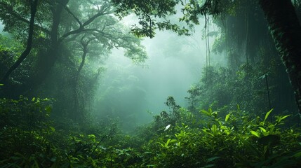 Fototapeta premium A dense forest enveloped in thick fog showcasing vibrant green foliage