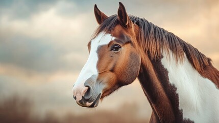 Obraz premium Portrait of a young Pinto horse featuring a mix of brown and white patches