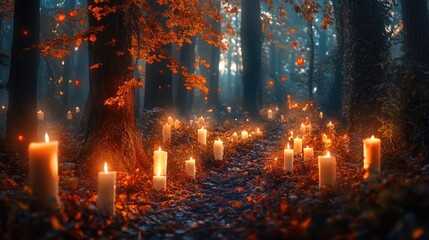 Enigmatic woodland setting adorned with enchanting candles embodying a Halloween theme amidst the vibrant hues of autumn