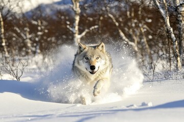 Obraz premium A Majestic Wolf Dashes Through a Snowy Landscape, Showing Its Strength and Grace in a Winter Wonderland Setting