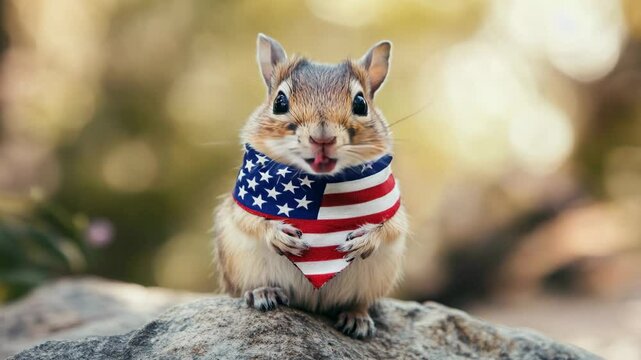 A small chipmunk is wearing an American flag bandana