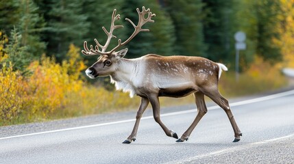 Fototapeta premium Adult male reindeer with large antlers walking along a roadway
