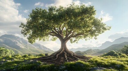 Obraz premium A large tree with deep roots in the ground, surrounded by green mountains and fields, symbolizing the growth and strength of nature
