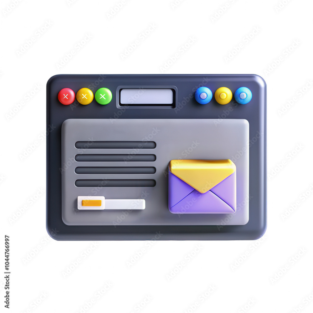 Poster a colorful 3d email interface icon featuring buttons and an envelope, showcasing modern digital art 