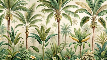 Tropical vintage botanical palm trees and banana tree border on white background, perfect for exotic jungle wallpaper