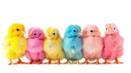 Naklejka premium Colorful chicks isolated on white background.