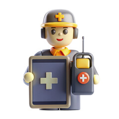 Fototapeta premium A cheerful medical worker figurine with a first aid symbol, holding a tablet and a two-way radio, representing healthcare. Ideal for children's learning.