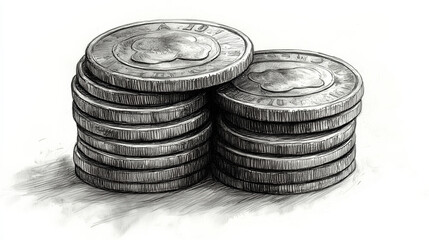 Detailed Sketch of Stacked Coins Illustration with Transparent Background